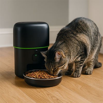 distributeru automatique croquettes chat tigre mange