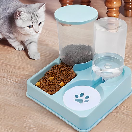 distributeur de croquettes pour chat bleu clair