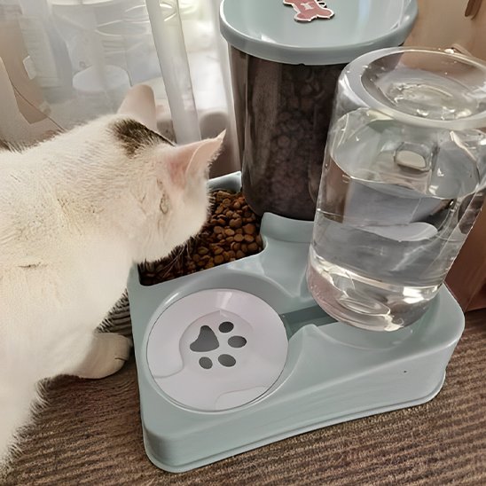 distributeur de croquettes pour chat blanc mange