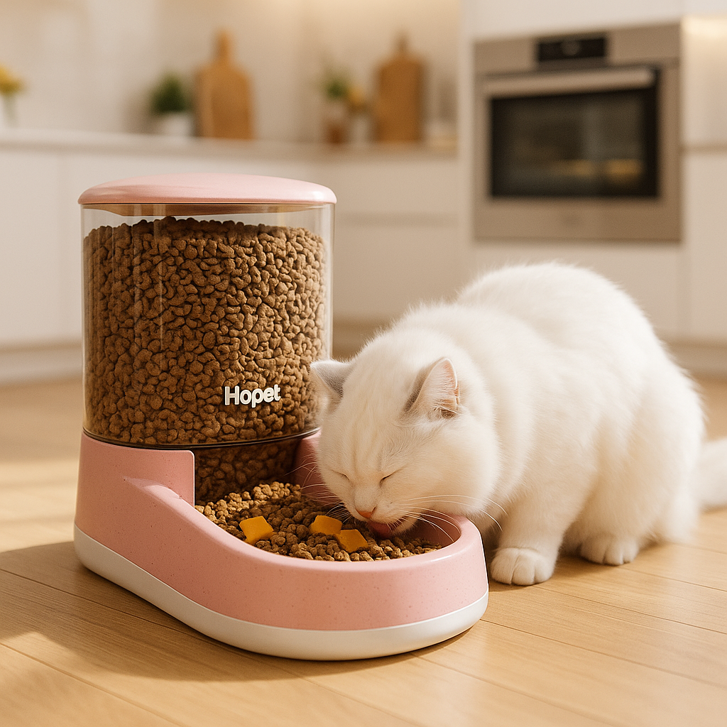 distributeur de croquettes pour chat blanc mange